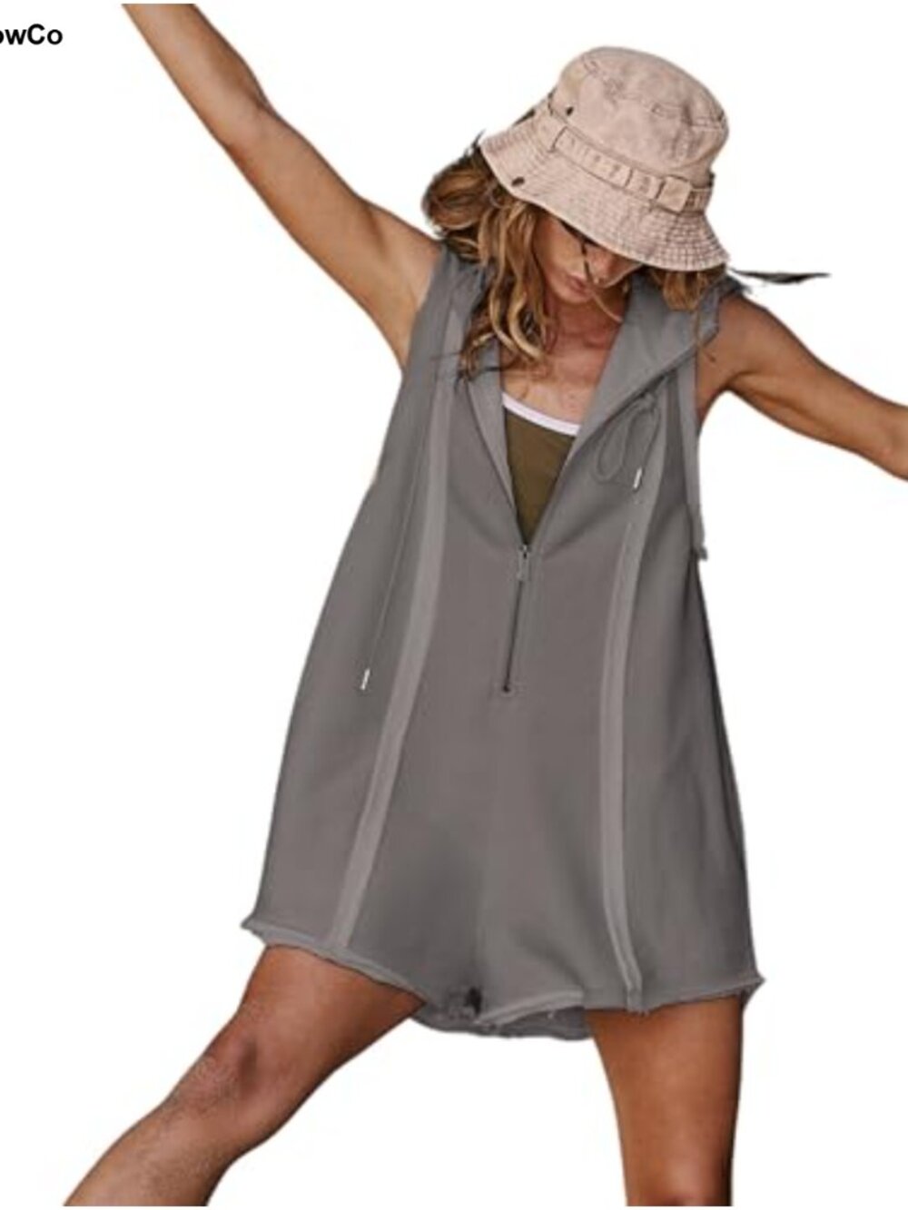 Sleeveless Romper Jumpsuit with Pockets Zip Up Hoodie Loose Fit Women's Summer